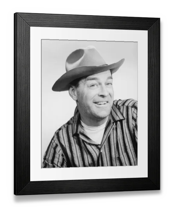 Framed Print : Man in stetson hat posing in studio, (B&W), portrait Framed Print : Man in stetson hat posing in studio, (B&W), portrait