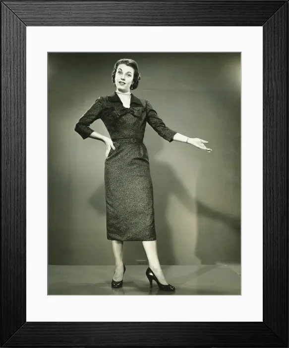 Framed Print : Woman gesturing in studio, (B&W), portrait Framed Print : Woman gesturing in studio, (B&W), portrait