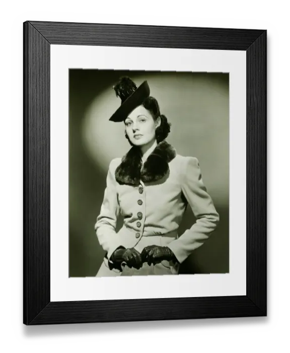 Framed Print : Fashionable woman in fur trimmed suit posing in studio, (B&W), portrait