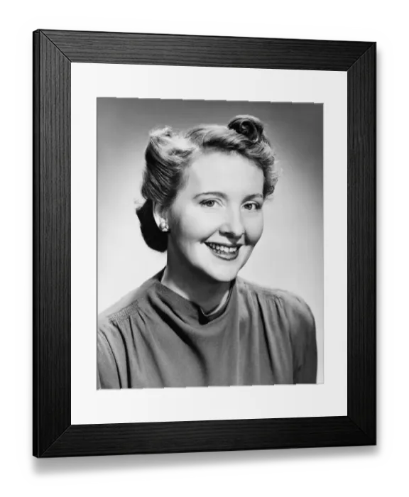 Framed Print : Smiling mid-adult woman, (B&W) Framed Print : Smiling mid-adult woman, (B&W)