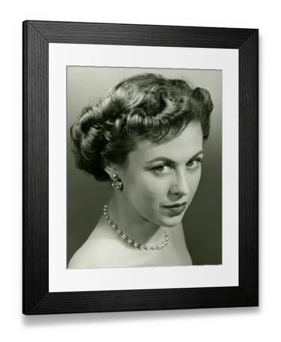 Framed Print : Woman posing in studio, (B&W), portrait Framed Print : Woman posing in studio, (B&W), portrait