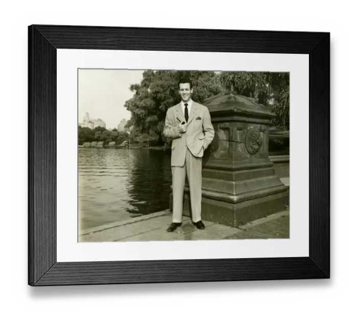 Framed Print : Elegant man with pipe by park lake, (B&W), portrait Framed Print : Elegant man with pipe by park lake, (B&W), portrait