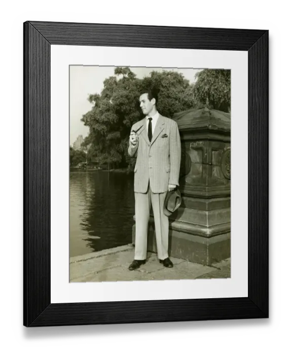 Framed Print : Elegant man smoking pipe by park lake, (B&W), portrait Framed Print : Elegant man smoking pipe by park lake, (B&W), portrait