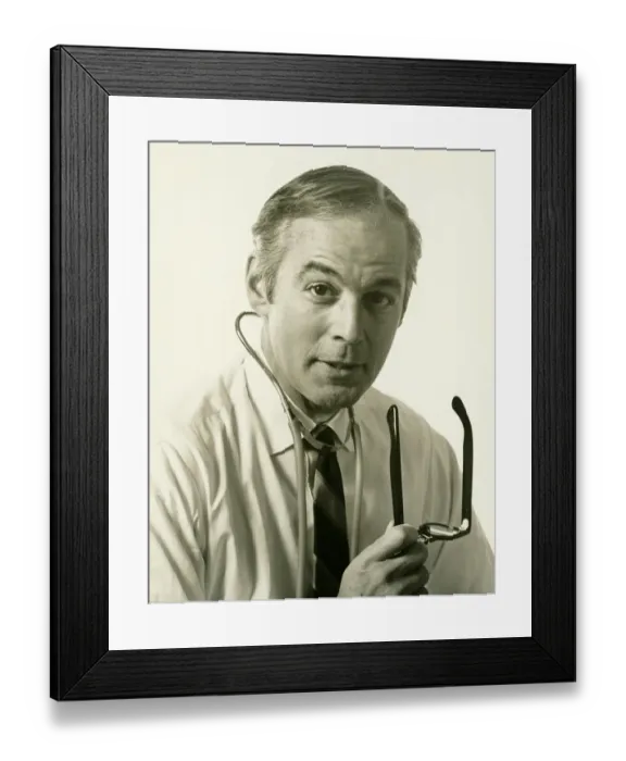 Framed Print : Physician wearing stethoscope, (B&W), (Portrait) Framed Print : Physician wearing stethoscope, (B&W), (Portrait)