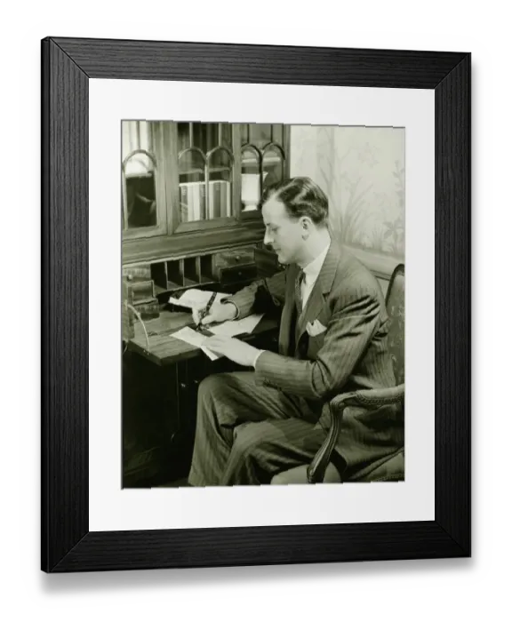 Framed Print : Man writing letter at bureau, (B&W) Framed Print : Man writing letter at bureau, (B&W)