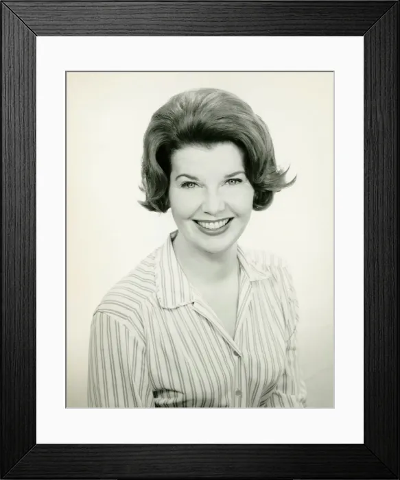 Framed Print : Woman in striped blouse smiling, (B&W), (Portrait)