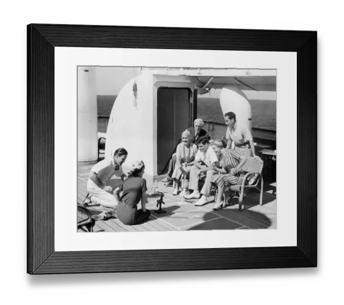 Framed Print : Group of people playing game on deck, of cruise ship B&W), (B&W) Framed Print : Group of people playing game on deck, of cruise ship B&W), (B&W)