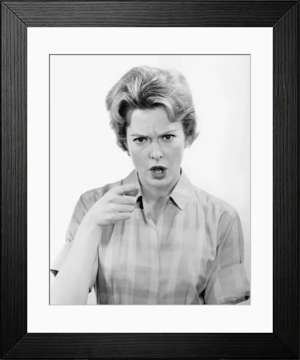 Framed Print : Angry woman in studio, (B&W), (Portrait) Framed Print : Angry woman in studio, (B&W), (Portrait)