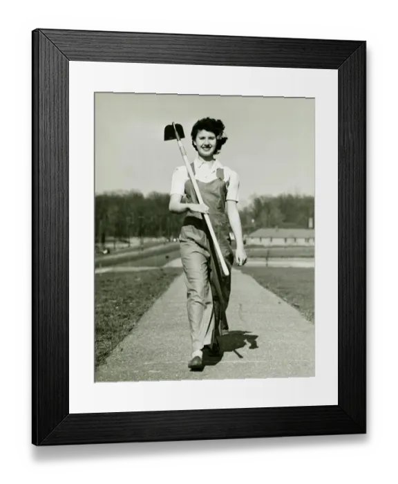 Framed Print : Woman with hoe walking on path, (B&W), portrait Framed Print : Woman with hoe walking on path, (B&W), portrait