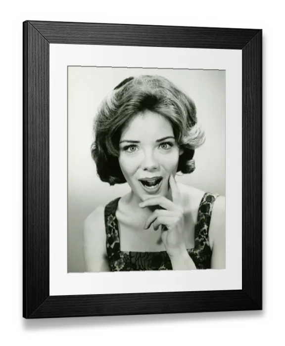 Framed Print : Enthusiastic looking woman, smiling, posing in studio, (B&W), (Portrait)
