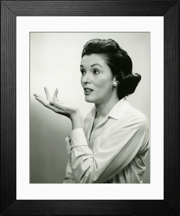Framed Print : Woman gesturing, (B&W), (Portrait) Framed Print : Woman gesturing, (B&W), (Portrait)