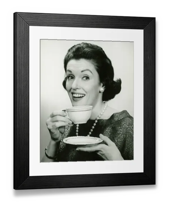 Framed Print : Elegant holding cup and saucer, (B&W), (Portrait) Framed Print : Elegant holding cup and saucer, (B&W), (Portrait)