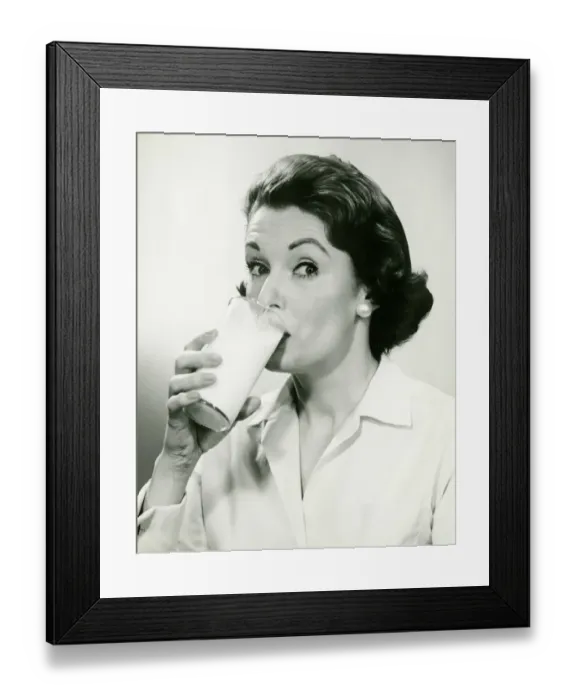 Framed Print : Woman drinking milk, (B&W), (Portrait) Framed Print : Woman drinking milk, (B&W), (Portrait)