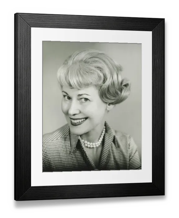 Framed Print : Portrait of woman with pearl necklace, (B&W), (Close-up) Framed Print : Portrait of woman with pearl necklace, (B&W), (Close-up)