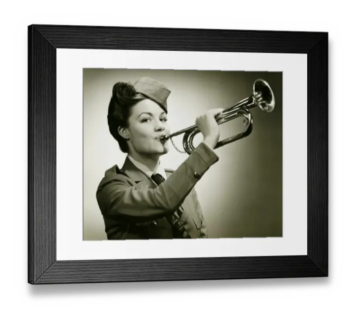 Framed Print : Young woman in soldiers uniform playing on trumpet, (B&W), portrait