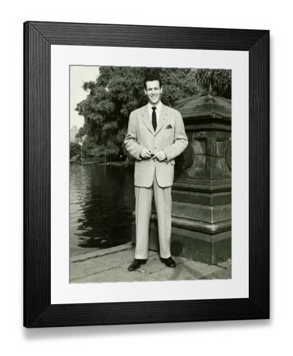 Framed Print : Man standing by lake in park, (B&W), (Portrait) Framed Print : Man standing by lake in park, (B&W), (Portrait)