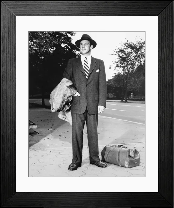 Framed Print : Man in full suit standing on sidewalk, (B&W), (Portrait) Framed Print : Man in full suit standing on sidewalk, (B&W), (Portrait)