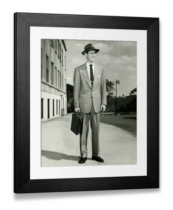 Framed Print : Man in full suit standing on sidewalk, (B&W), (Portrait) Framed Print : Man in full suit standing on sidewalk, (B&W), (Portrait)