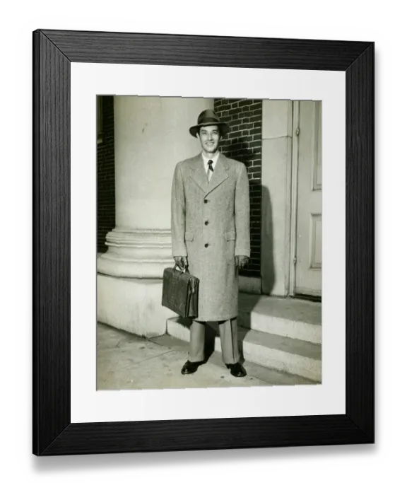 Framed Print : Elegant man posing at entrance to building, (B&W), (Portrait) Framed Print : Elegant man posing at entrance to building, (B&W), (Portrait)