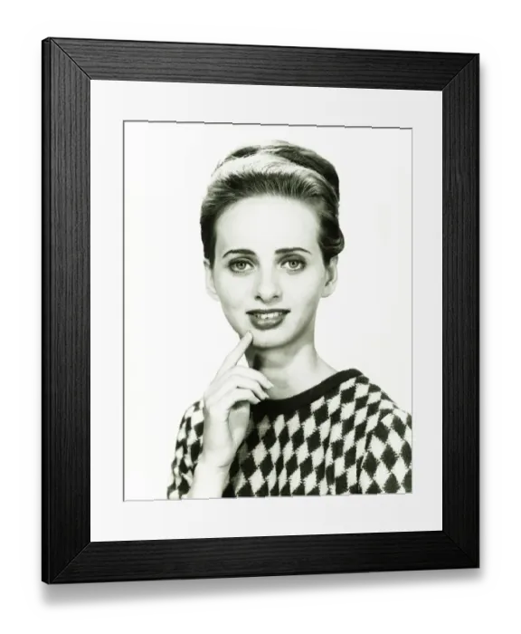 Framed Print : Smiling woman posing in studio, (B&W), (Close-up), (Portrait) Framed Print : Smiling woman posing in studio, (B&W), (Close-up), (Portrait)