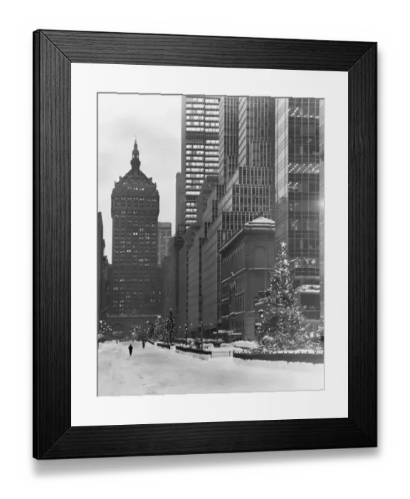 Framed Print : Snowy city street with christmas tree Framed Print : Snowy city street with christmas tree