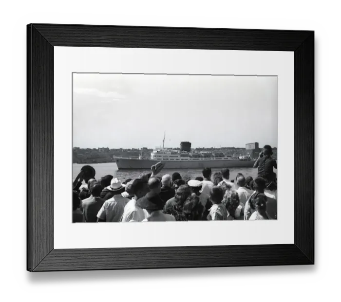 Framed Print : Crowd in harbor waiting for steamship Framed Print : Crowd in harbor waiting for steamship