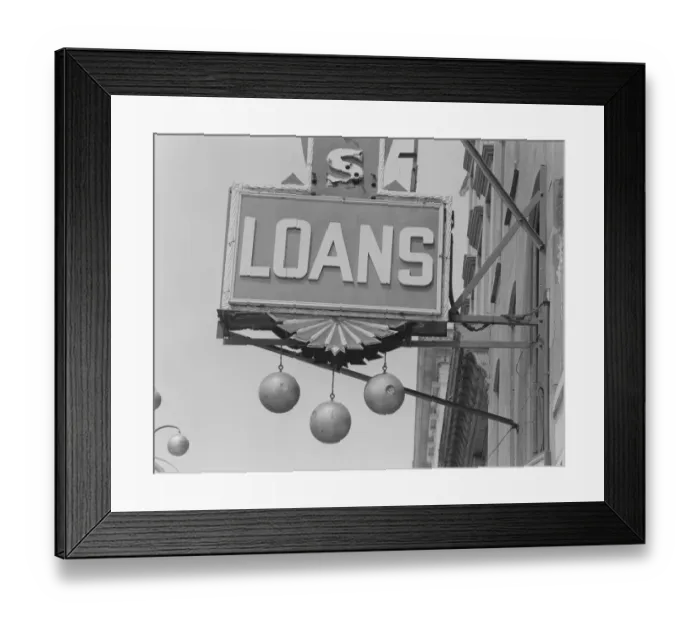 Framed Print : Loans commercial sign, close-up Framed Print : Loans commercial sign, close-up
