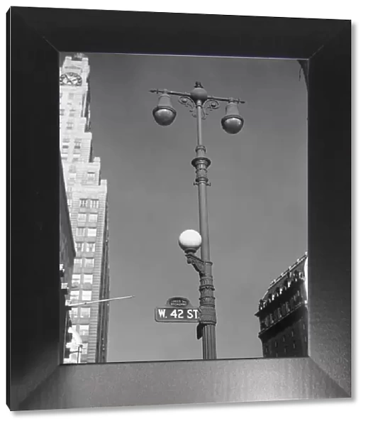 USA, New York, New York City, lamp post on West 42nd Street, low angle view