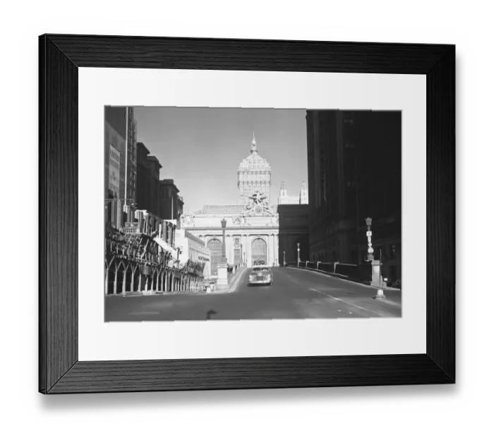 Framed Print : Car riding on street, Grand Central Station in background, New York City, USA, (B&W) Framed Print : Car riding on street, Grand Central Station in background, New York City, USA, (B&W)