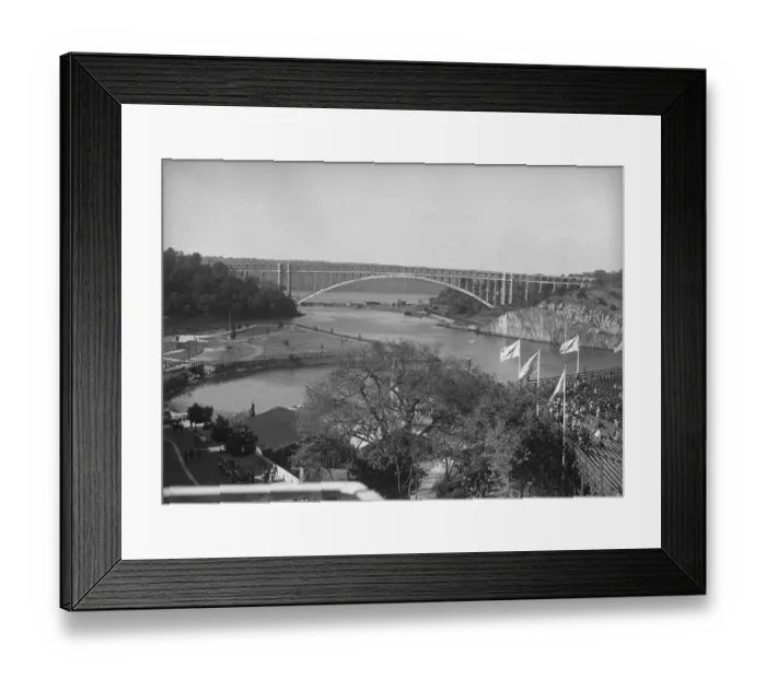 Framed Print : Recreational area and bridge, (B&W), elevated view Framed Print : Recreational area and bridge, (B&W), elevated view
