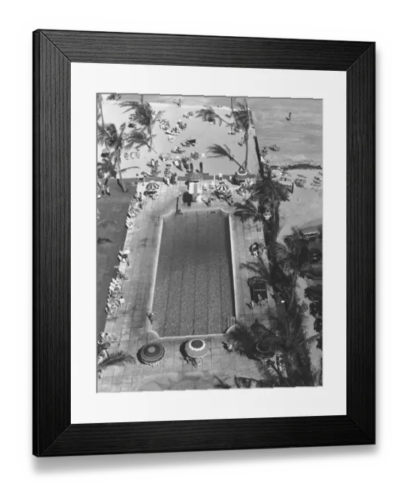 Framed Print : Swimming pool at seashore, (B&W), elevated view Framed Print : Swimming pool at seashore, (B&W), elevated view