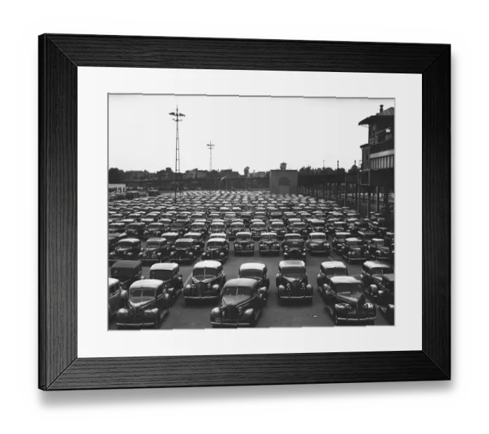 Framed Print : Cars on parking lot, (B&W), elevated view Framed Print : Cars on parking lot, (B&W), elevated view