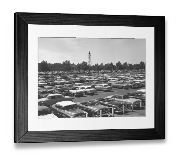Framed Print : Cars in car park, (B&W), elevated view Framed Print : Cars in car park, (B&W), elevated view