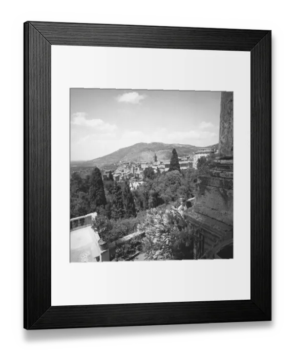 Framed Print : View of old town and mountain, (B&W), elevated view Framed Print : View of old town and mountain, (B&W), elevated view