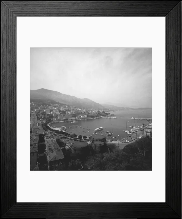 Framed Print : Cityscape at harbour, (B&W), elevated view Framed Print : Cityscape at harbour, (B&W), elevated view