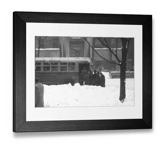 Framed Print : People boarding on bus in winter, (B&W) Framed Print : People boarding on bus in winter, (B&W)