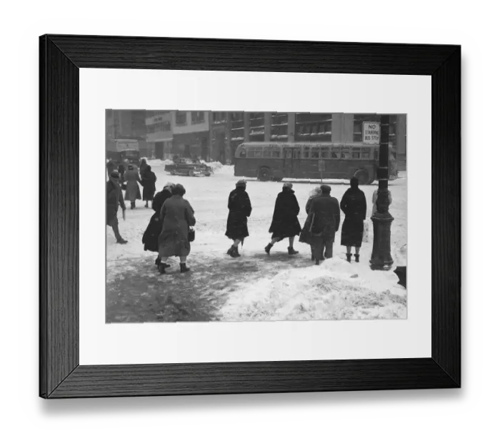 Framed Print : People on city street in winter, (B&W)