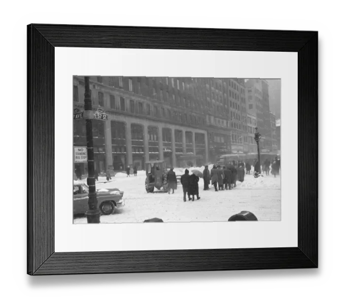Framed Print : City street in winter, (B&W)