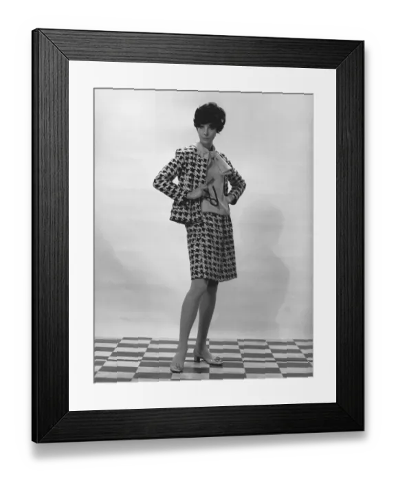 Framed Print : Woman wearing costume posing in studio, (B&W), portrait Framed Print : Woman wearing costume posing in studio, (B&W), portrait