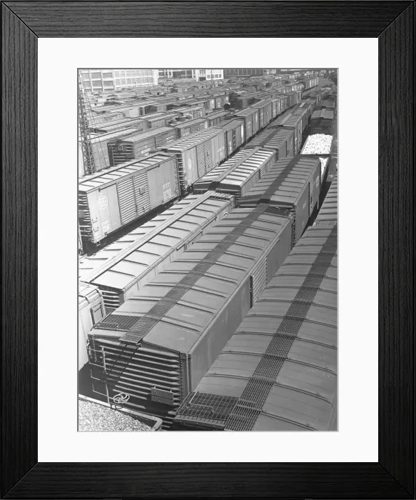 Framed Print : Cargo trains on shunting yard, (B&W), elevated view Framed Print : Cargo trains on shunting yard, (B&W), elevated view