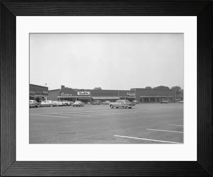 Framed Print : Cars on shopping centre parking, (B&W) Framed Print : Cars on shopping centre parking, (B&W)