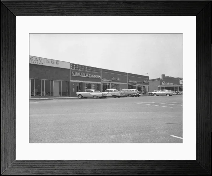 Framed Print : Cars on shopping centre parking, (B&W) Framed Print : Cars on shopping centre parking, (B&W)