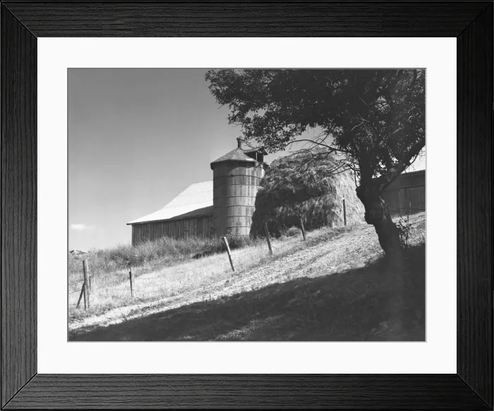 Framed Print : Silo, barn and haystack, (B&W) Framed Print : Silo, barn and haystack, (B&W)