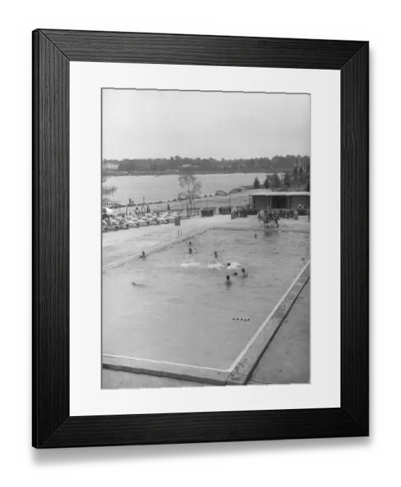 Framed Print : People swimming in outdoor pool, (B&W), elevated view Framed Print : People swimming in outdoor pool, (B&W), elevated view