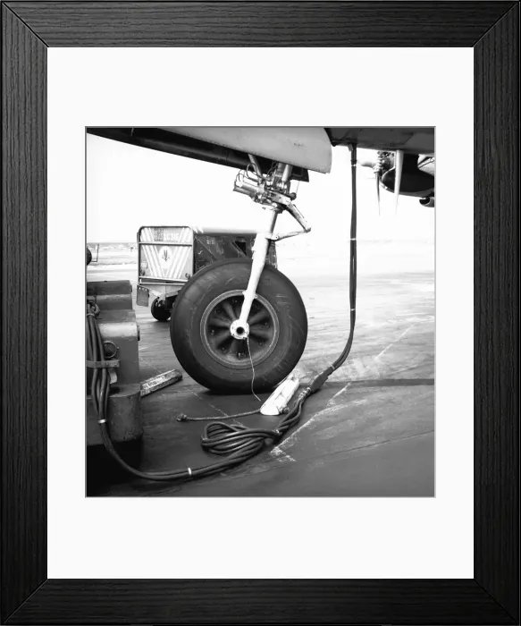 Framed Print : Airplane wheel and cables, (B&W) Framed Print : Airplane wheel and cables, (B&W)