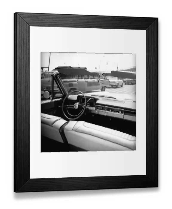 Framed Print : Front seats of convertible car, (B&W) Framed Print : Front seats of convertible car, (B&W)