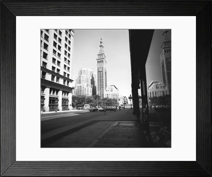 Framed Print : City street and clock tower, (B&W) Framed Print : City street and clock tower, (B&W)