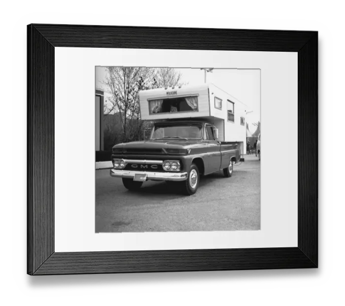 Framed Print : Motor home on road, (B&W) Framed Print : Motor home on road, (B&W)