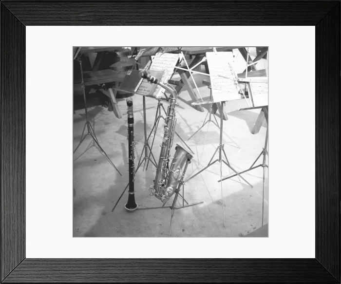 Framed Print : Oboe and saxophone with music sheets, (B&W) Framed Print : Oboe and saxophone with music sheets, (B&W)