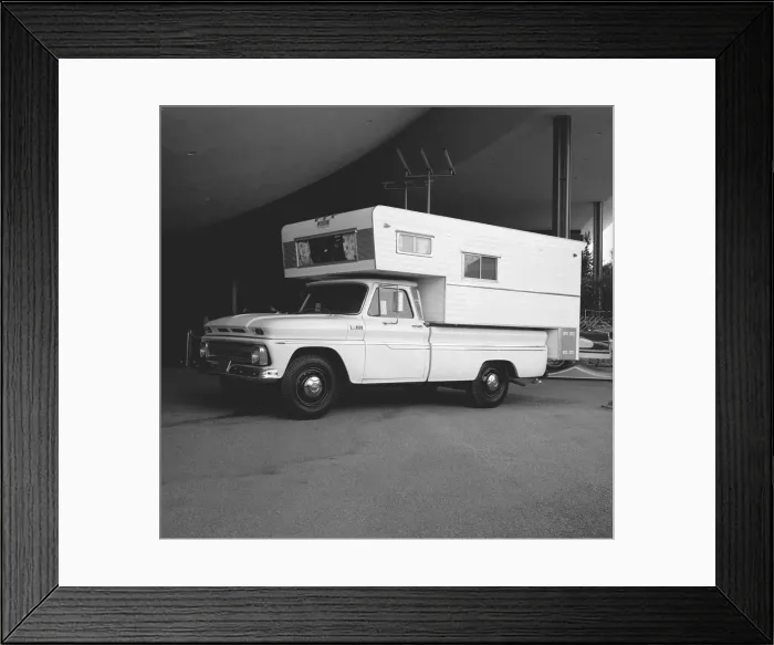 Framed Print : Large motor home in parking lot, (B&W) Framed Print : Large motor home in parking lot, (B&W)